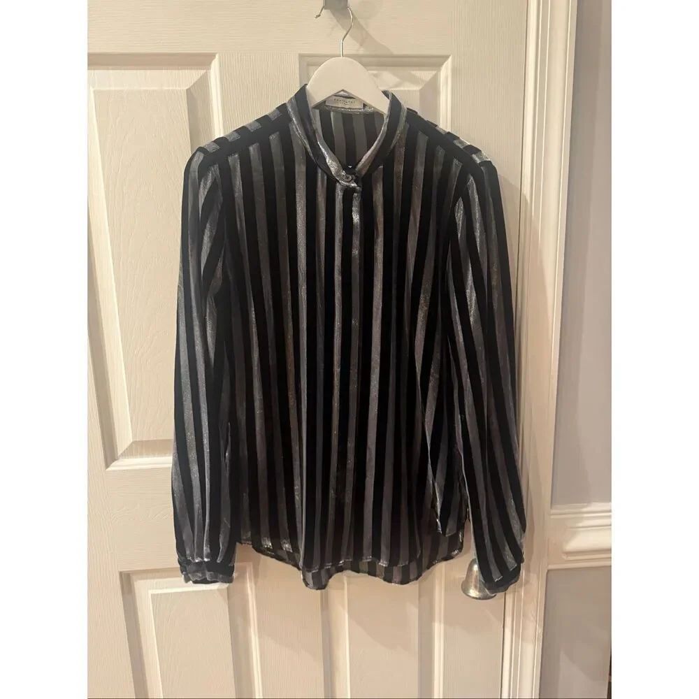 Equipment Femme Black Velvet & Silver Stripe Holiday Button Down sz L EUC